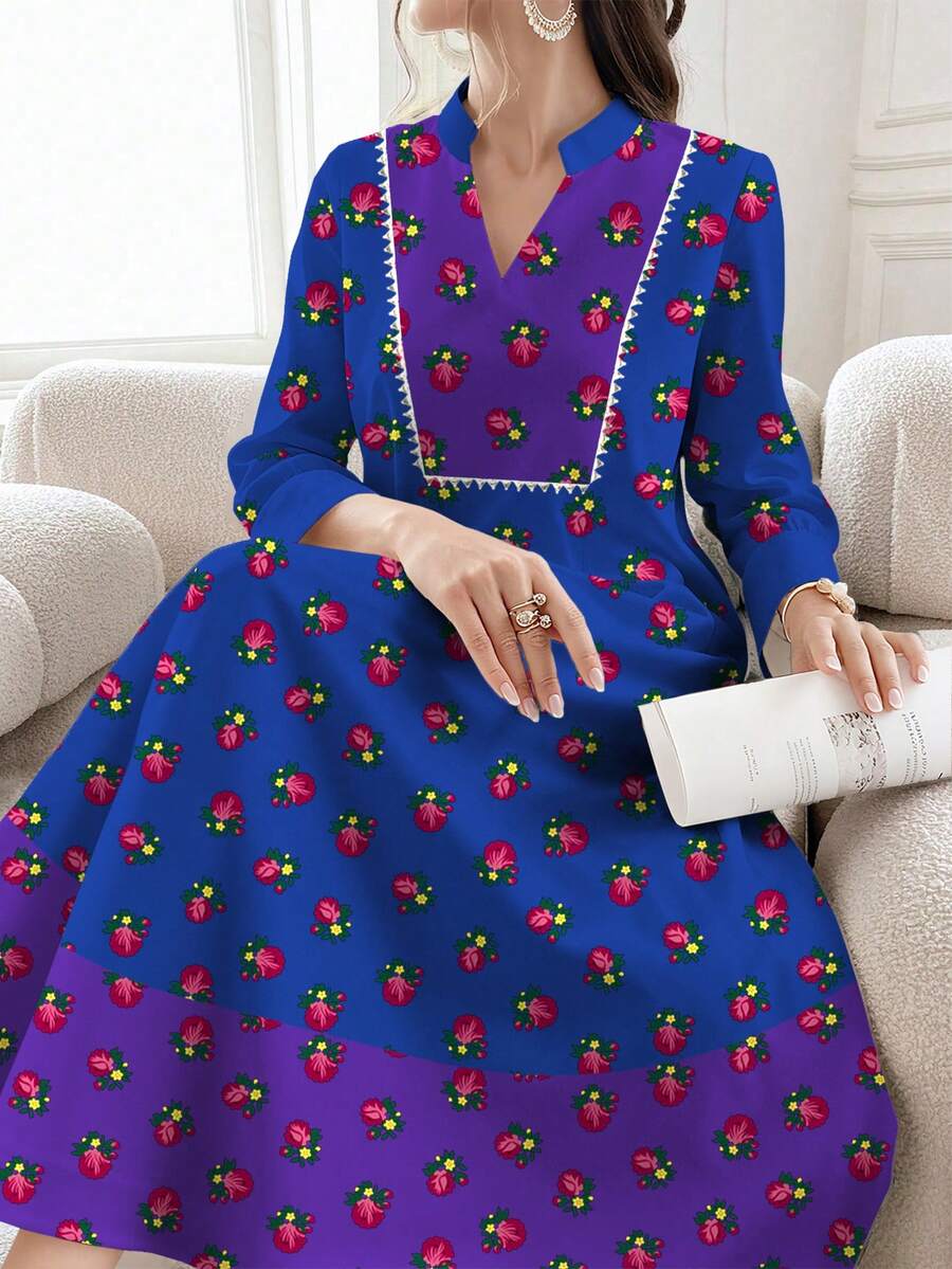 SHEIN Najma 女士花卉植物印花撞色V领长袖优雅阿拉伯风格长款连衣裙,春秋季 - 彩色 - 查看 1