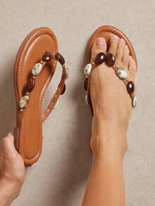 SHUZIA Women's Minimalist Comfortable, Durable, Stone Chain Thong Strap Slip-On Flat Sandals - Maroon - View 7