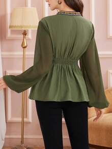 Rafferiza Women's Color Block Ribbon Patchwork Military Green Shirt, Chiffon Sleeve Patchwork, Elegant For Middle Eastern Festivals And Commuting - Army Green - View 2