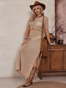 SHEIN LilyWest Western Style New Hollow Tassel Hem Round Neck Short Sleeve Cropped Top And A-Line Long Skirt Two Pieces Knit Set, Versatile - Khaki - View 5