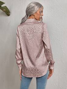 SHEIN Clasi Women's Casual Leopard Print Jacquard Long Sleeve Shirt, Spring/Autumn - Dusty Pink - View 2