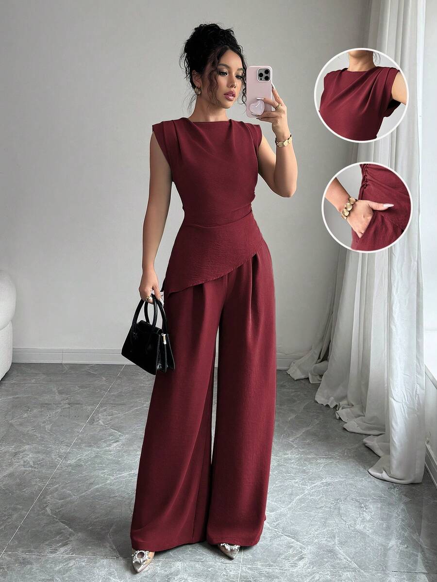 Rafferiza 2pcs/Set Women Solid Color Textured Pleated Round Neck Sleeveless Top - Burgundy - View 1