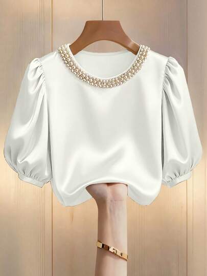 Franclia 夏季新款时尚甜美设计串珠圆领短袖休闲泡泡袖女式衬衫