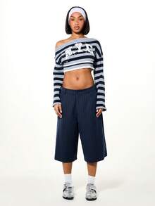 SUMWON WOMEN Off Shoulder Striped Crop Top With Rhinestone Embellished Aplique Text Long Sleeve Knitted Sweater For Fall Winter Fashion - Blue - View 3