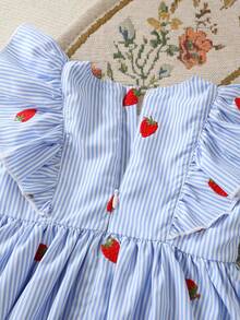 Cozy Pixies Baby Girl Strawberry Print Round Neck Short Sleeve Waist Dress,Cute Light Blue And White Summer Toddler Girls Fruit Picnic Vacation Spring Dresses - Blue - View 6