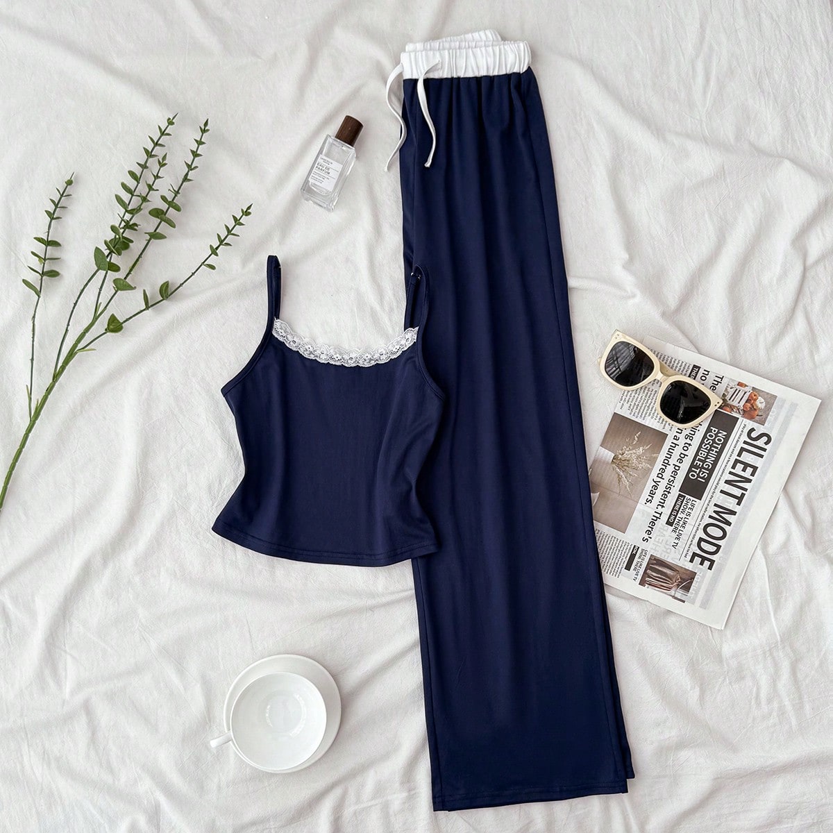 Conjunto de top de tirantes con encaje y pantalones anchos de punto para niñas preadolescentes, para uso diario