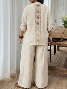 Linhara Bộ đồ 2 món cỡ lớn, kiểu dáng thường ngày, phối ren, thích hợp cho kỳ nghỉ, gồm áo và quần. - Màu Khaki - Xem 2