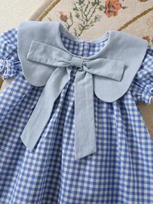 SHEIN 女童编织纹理蝴蝶结泡泡袖连衣裙 - 淺藍色 - 查看 9