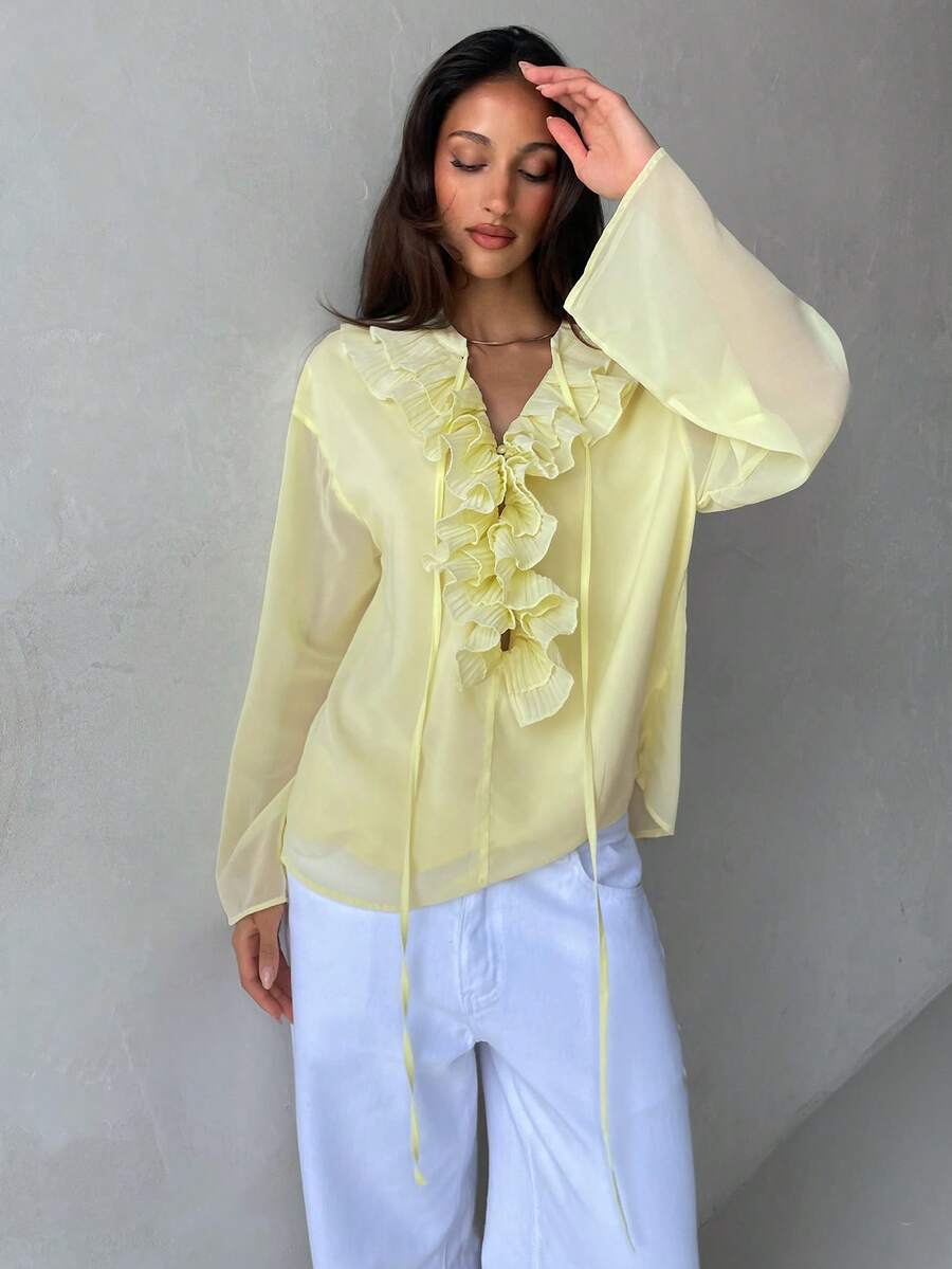 Aloruh Blusa de estilo "Old Money" para mujer, blusa holgada de gasa con cuello en V, plisados y volantes, color amarillo claro, elegante, para primavera y salir