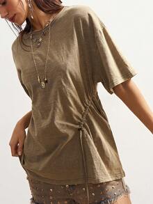 Bohemela 休闲纯色针织圆领短袖宽松抽绳女式T恤 - 灰色 - 查看 6