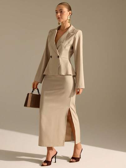 CLARA VERO Women's Notch-Lapel Tailored Blazer And Fitted Set  Blazer Skirt Set Skirt Suit Suits For Women Two Piece Outfits Business Casual Woman