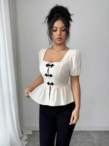 Elenzga Ladies Square Neck Cheongsam Button Short Sleeve Elegant Summer Shirts - Apricot - View 5