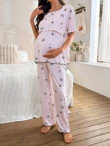 Moonlight&Mama 条纹蝴蝶结印花哺乳友好型短袖套头衫和裤子睡衣套装，孕妇适用 - 彩色 - 查看 3