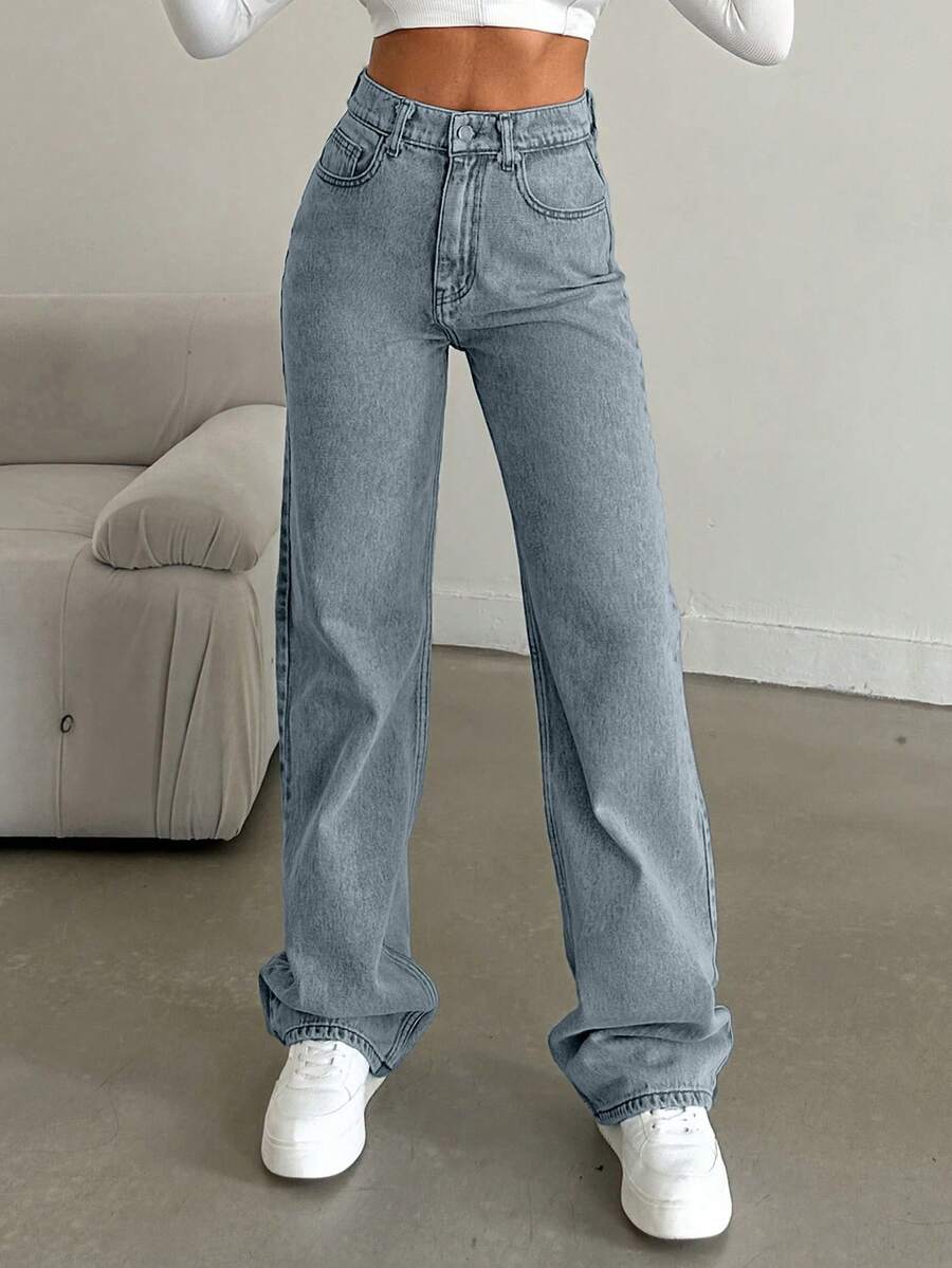 EURMUSE 100%Cotton Straight Leg Jeans Snow Wash - Baby Blue - View 1
