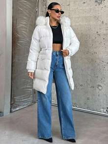 EURMUSE Long Padded Coat With Hoodie And Big Pocket - White - View 6