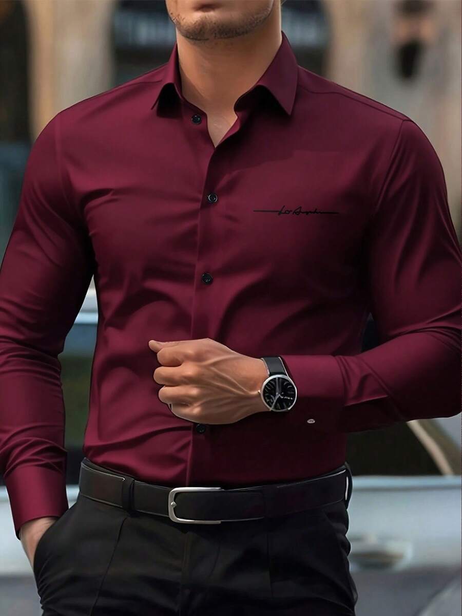 Manfinity Mode 男士休閒時尚長袖襯衫,正式,儀式 - 酒紅色 - 查看 1