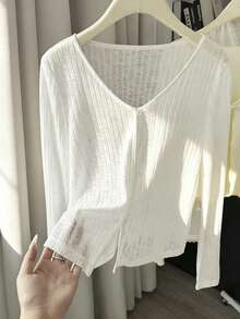 Resyla Women's Lightweight Cover Up Sunscreen Jacket, V-Neck Knit Shawl Coverup For Summer - White - View 1