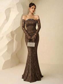 Coutiva 女士高端宴会优雅奢华蕾丝仿珍珠装饰无肩带鱼尾连衣裙，带袖 - 咖啡棕 - 查看 4