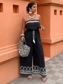 SHEIN LUNE Bộ áo liền quần in họa tiết dáng quây, thắt eo, cỡ lớn dành cho nữ, thích hợp cho kỳ nghỉ và mặc hàng ngày, mùa xuân/hè. - Đen và trắng - Xem 6