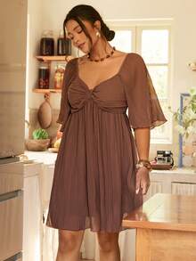 Freevana 大码女式纯色心形领口插肩袖休闲连衣裙，乡村风女装，节日女装，夏季连衣裙，情人节复古风 - 咖啡棕 - 查看 3
