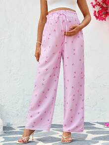 SHEIN Maternity Flared Leg Loose Casual Pants With Waist Tie Bow Floral Print - Pink - View 3