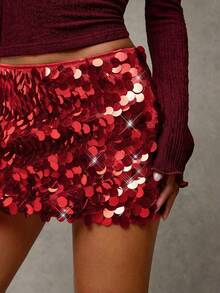 SHEIN BAE 女士纯色亮片修身优雅半身裙 - 紅色 - 查看 6