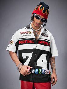 Manfinity RebelGame Men's Racing Digital Printed Loose Knit Short Sleeve Shirt - Black - View 1