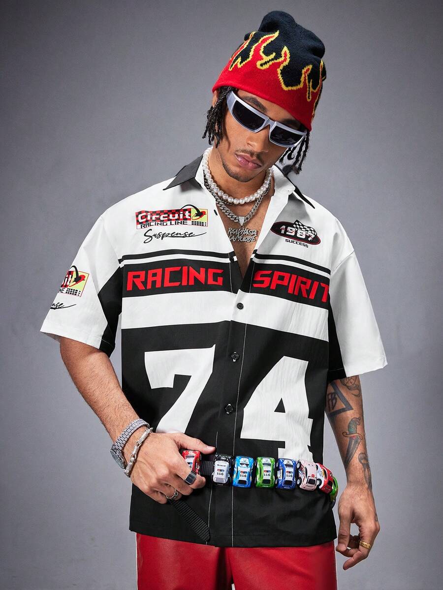 Manfinity RebelGame Men's Racing Digital Printed Loose Knit Short Sleeve Shirt - Black - View 1