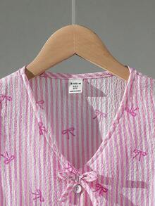 Tween Girls' Spring/Summer Vacation Beach Countryside Sweet Bow Striped Cardigan Sleeveless Crop Top + Loose Straight Pants Woven Vest Set - Pink - View 4