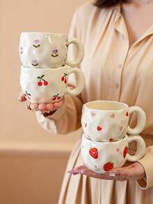 1pc Ins Style Hand-Painted Cherry & Strawberry Ceramic Cup, Asymmetrical Embossed Body, Breakfast Coffee Mug, Girly Desktop Water Cup, Party Afternoon Tea Cup, Red Tea Cup, Large Capacity Water Mug, Coffee Cup - Multicolor - View 5