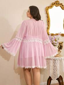 Côtesoire Conjunto de camisón y bata de dormir de talla grande con espalda descubierta, unicolor y ribete de encaje - Rosa - Ver 2
