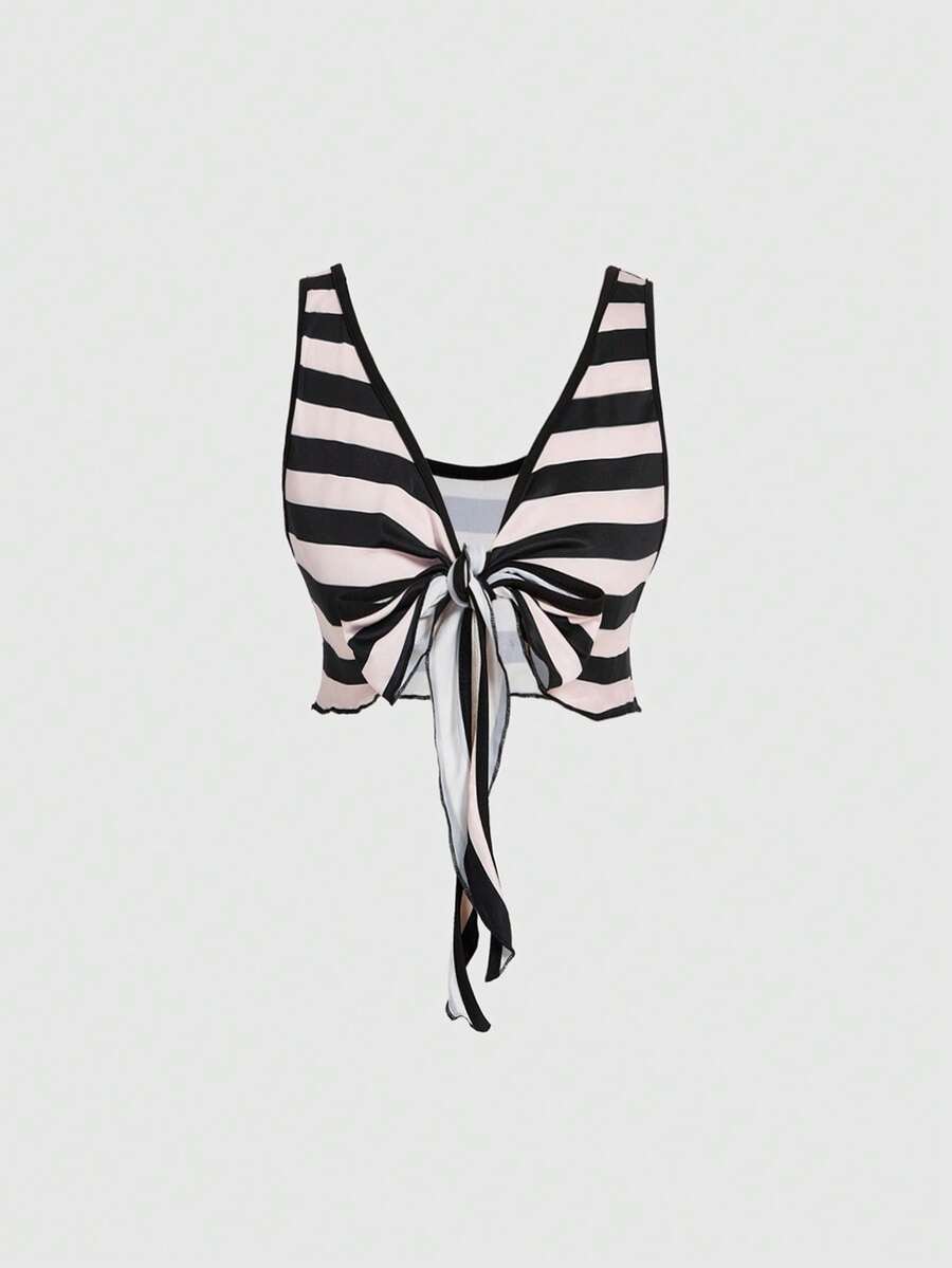 ROMWE Avant Island Vacation Casual Loose Cropped Front Twist Detail Women Tank Top - Multicolor - View 1