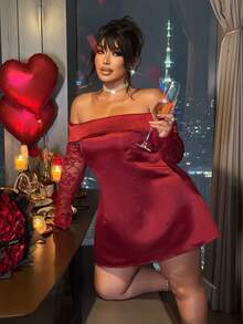 NU&NOW Elegant Plus Size Women Burgundy Off-Shoulder Lace Patchwork Mini Satin Dress,Autumn Birthday Party,Graduation Dance,Evening Date,New Year Outfit - Burgundy - View 3