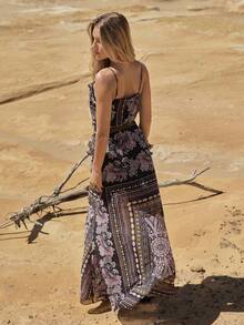 MOTF STUDIO VESTIDO DE MUJER CON TIRANTES FINOS, ESTAMPADO FLORAL, VOLANTES EN LA CINTURA Y CINTURÓN, PARA VACACIONES, PRIMAVERA/VERANO - Multicolor - Ver 4