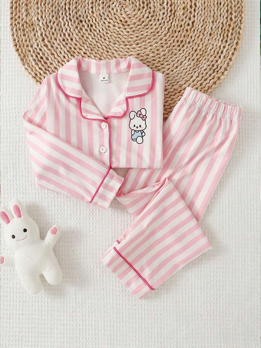 2件套 女童时尚可爱粉色条纹兔子印花甜美温柔翻领开衫长袖睡衣套装 - 粉色 - 查看 1
