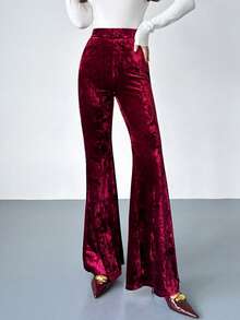 Firerie 女士新款优雅休闲通勤时尚百搭高腰修身天鹅绒喇叭裤，酒红色，适合秋冬季、机场、教师、办公室、舒适秋季、圣诞节、新年等场合。 - 酒紅色 - 查看 7