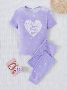 Conjunto de pijama informal y lindo para niñas con top de manga corta con estampado de corazón y leggings - Azul - Ver 3