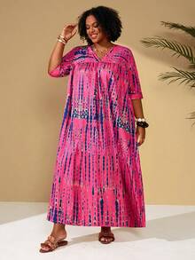 SHEIN CURVE+ 大码女式宽松碎花休闲连衣裙，适合海滩和旅行 - 彩色 - 查看 6