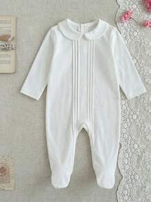 SHEIN 新生儿纯白色优雅长袖全长连体衣，休闲家居服