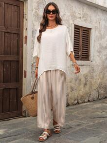 EMERY ROSE Women's Vacation Casual Solid Color Batwing Sleeve Shirt And Striped Pants 2-Piece Set Casual Outfit For Women   Casual Sets For Women  Summer Holiday Outfits Vacation Outfits For Women Ladies Casual Sets Two Piece Set Women Short Sleeve Summer Pants Sets Two Piece Set Women Comfy - White - View 5