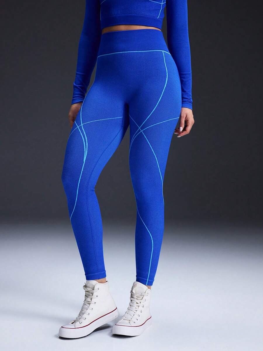 Powerista Women's High Waist Contrast Piping Shapewear Fitness Training Leggings - Royal Blue - View 1