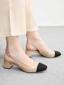 CUCCOO BIZCHIC Giày cao gót vuông kiểu Pháp thanh lịch dành cho nữ - Kiểu xỏ chân, mũi vuông, quai sau, giày đa năng phù hợp cho cả trang phục trang trọng và thường ngày, phần trên bằng da PU trang trí, đế cao su, kiểu Pháp, gót cao - Nhiều màu - Xem 2