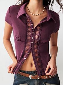 Bohemela Women's Casual Solid Color Knit Lace Patchwork Front Button Blouse - Purple - View 4