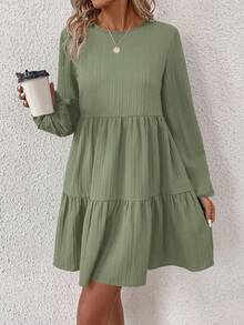 SHEIN LUNE 女士纯色简约休闲圆领长袖连衣裙 - 軍綠色 - 查看 6