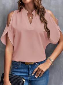 SHEIN Clasi Solid Cold Shoulder Split Sleeve Blouse White Shirt - Dusty Pink - View 6