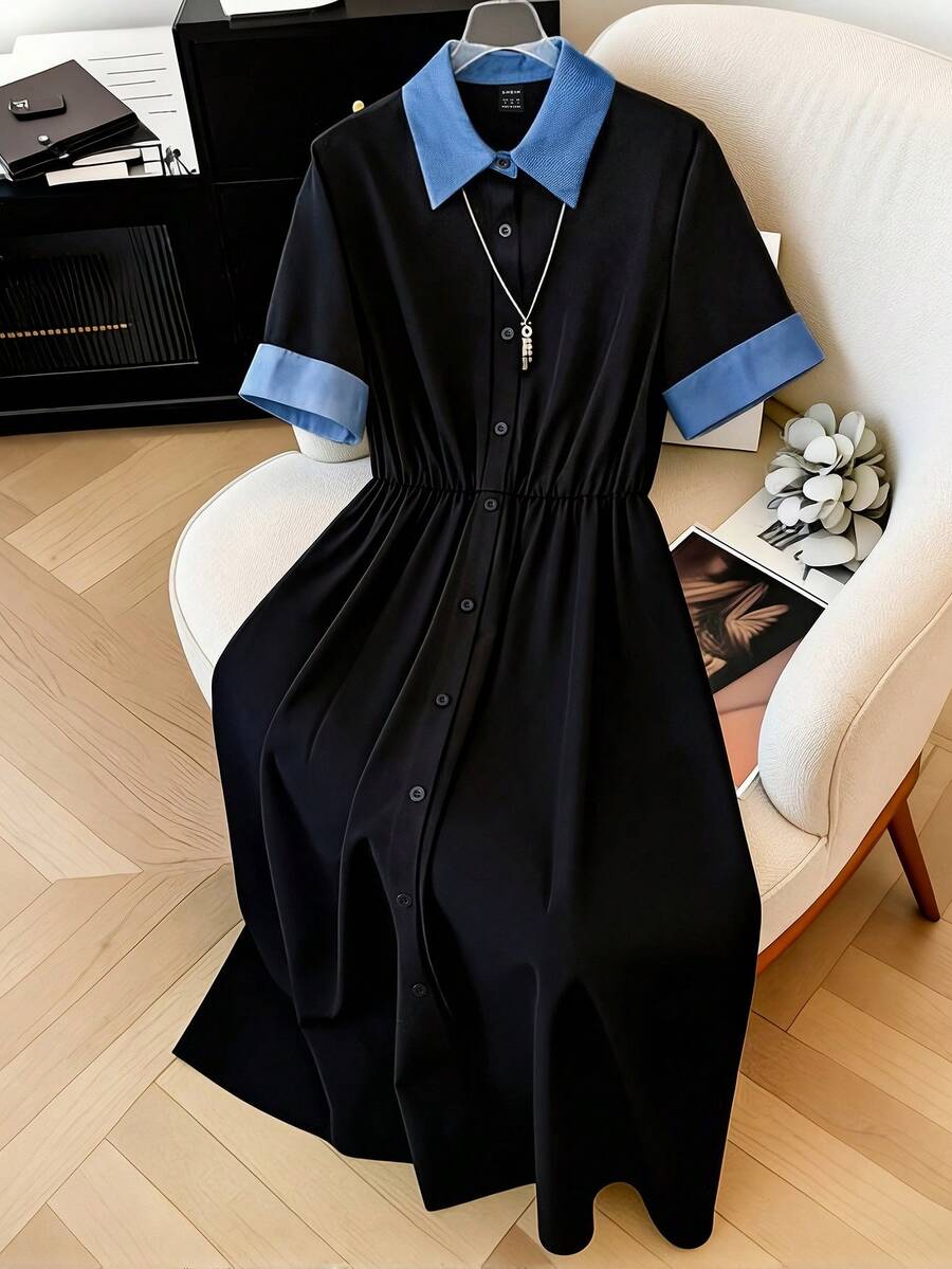 EMERY ROSE Đầm ngắn tay cổ bẻ phối màu tương phản, phong cách thường ngày dành cho nữ. - màu đen - Xem 1