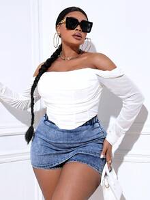 SHEIN SXY Plus Size Solid Color Wrap Tight Denim Skort - Dark Wash - View 4