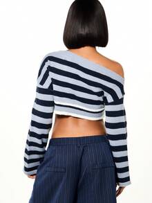 SUMWON WOMEN Off Shoulder Striped Crop Top With Rhinestone Embellished Aplique Text Long Sleeve Knitted Sweater For Fall Winter Fashion - Blue - View 2