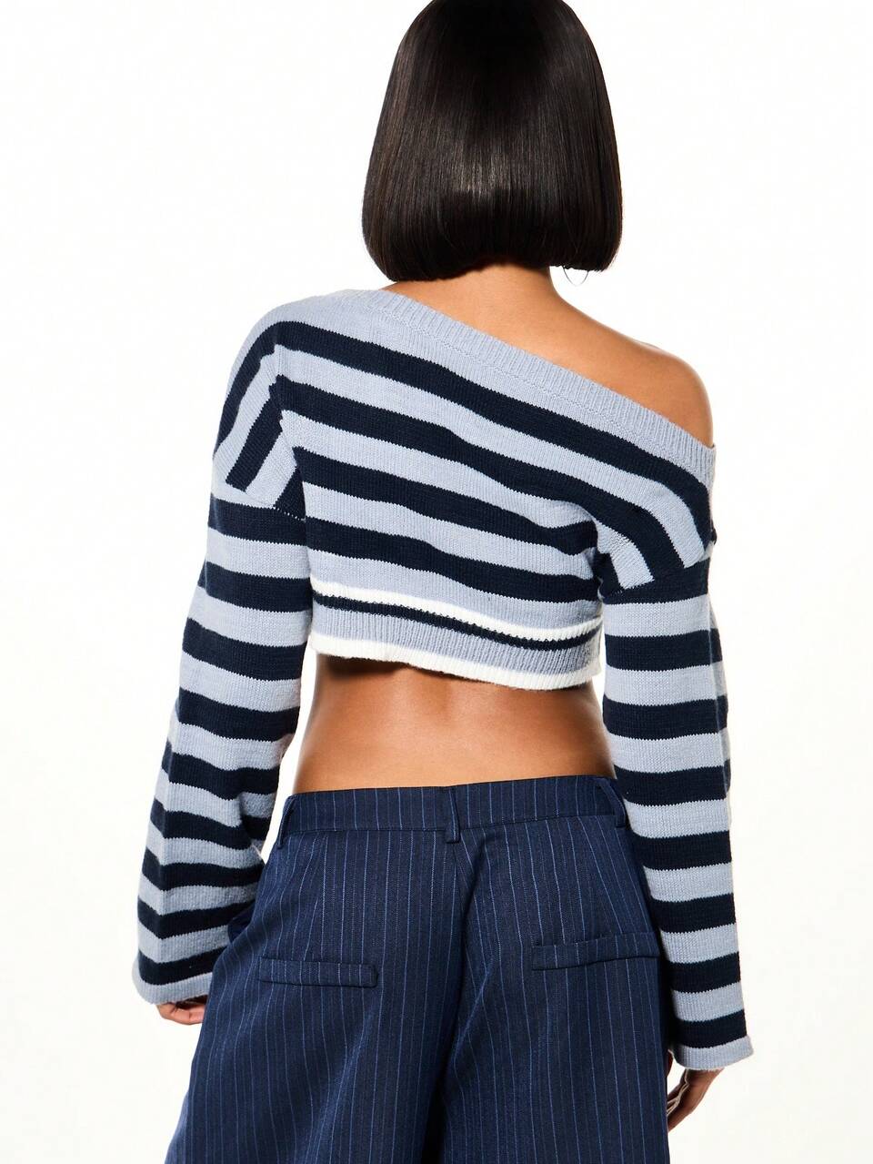 SUMWON WOMEN Off Shoulder Striped Crop Top With Rhinestone Text
