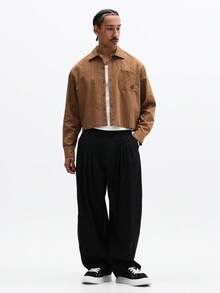 SUMWON Cropped Textured Stripe Button Down Long Sleeve Shirt With Pointed Collar And Chest Pocket - Brown - View 3